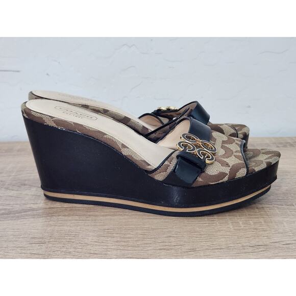 Coach Geri Brown Canvas Patent Leather Wedge 3.5" Heel Sandals Women Size 6.5 B - Picture 2 of 13